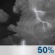 Saturday Night: A chance of showers and thunderstorms, mainly after 1am.  Increasing clouds, with a low around 57. Light and variable wind becoming east around 6 mph after midnight.  Chance of precipitation is 50%. New rainfall amounts of less than a tenth of an inch, except higher amounts possible in thunderstorms. 